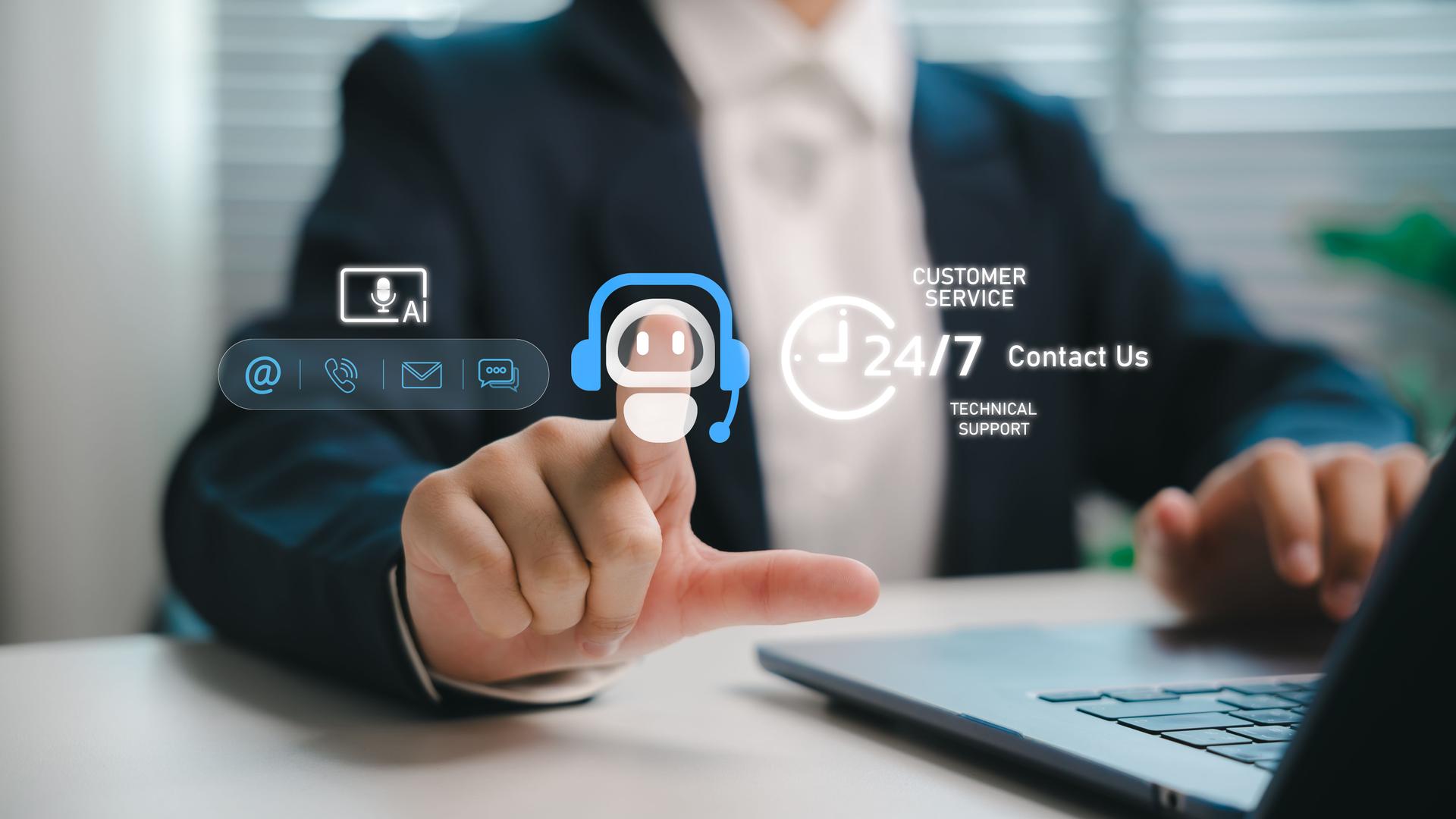Businessman using AI chatbot interface for 24/7 customer support and technical assistance, modern digital contact service technology.